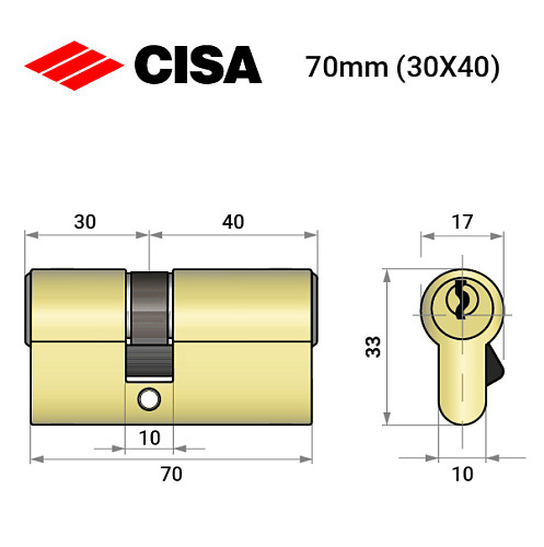 Цилиндр CISA LL 08010 70 (30*40) латунь матовая - Фото №8