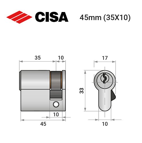 Циліндр половинка CISA C2000 45 (35*10) нікель матовий 3 ключі - Фото №12