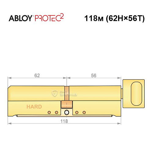 Циліндр ABLOY Protec2 118T (62H*56T) (H - гартована сторона) латунь полірована - Фото №7