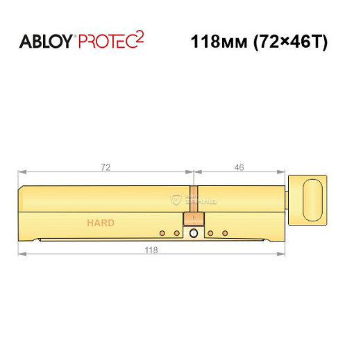 Цилиндр ABLOY Protec2 118T (72H*46T) (H - закаленная сторона) латунь полированная - Фото №7