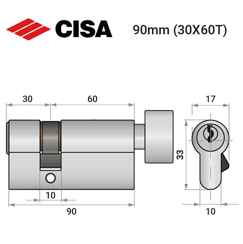 Циліндр CISA C2000 90T (30*60T) нікель матовий 5 ключів - Фото №10