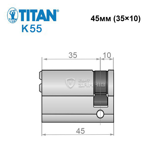 Цилиндр половинка TITAN K55 45 (35*10) никель сатин 3 + 1 ключей - Фото №6