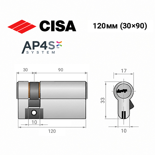 Цилиндр CISA AP4 S (модульный) 120 (30*90) никель матовый 3 ключа - Фото №11