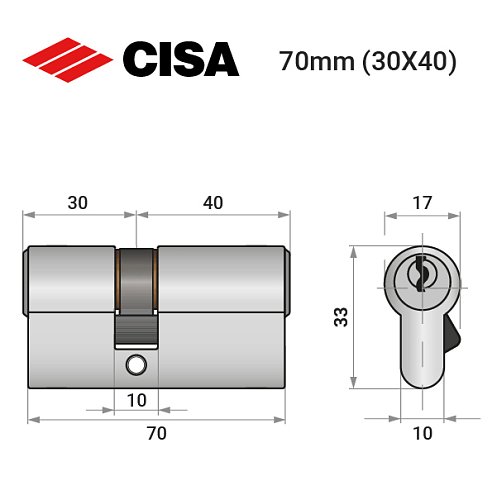 Циліндр CISA C2000 70 (30*40) нікель матовий 3 ключі - Фото №8