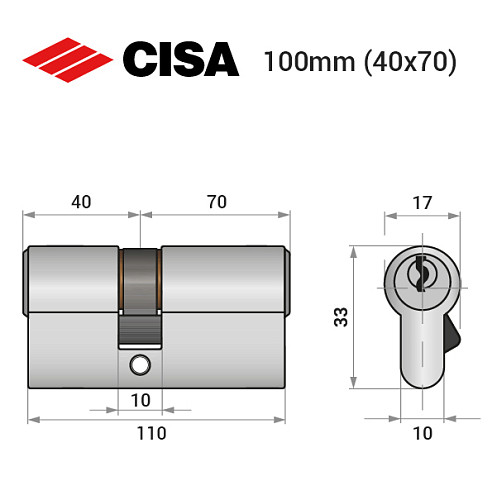 Цилиндр CISA C2000 110 (40*70) латунь матовая - Фото №8