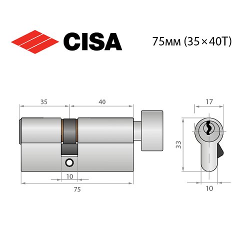 Цилиндр CISA ASIX P8 75T (35*40T) никель матовый 3 ключа - Фото №9