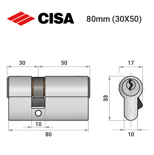 Циліндр CISA C2000 80 (30*50) нікель матовий 3 ключі - Фото №8