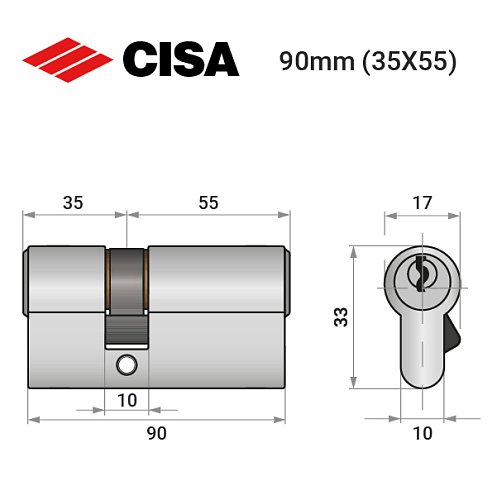 Цилиндр CISA C2000 90 (35*55) никель матовый 3 ключа - Фото №8
