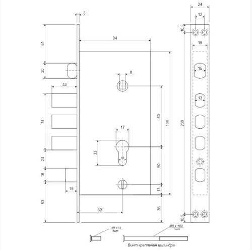 Замок врезной APECS T-0523-C-CR прав (BS60*80мм) никель полированный - Фото №2