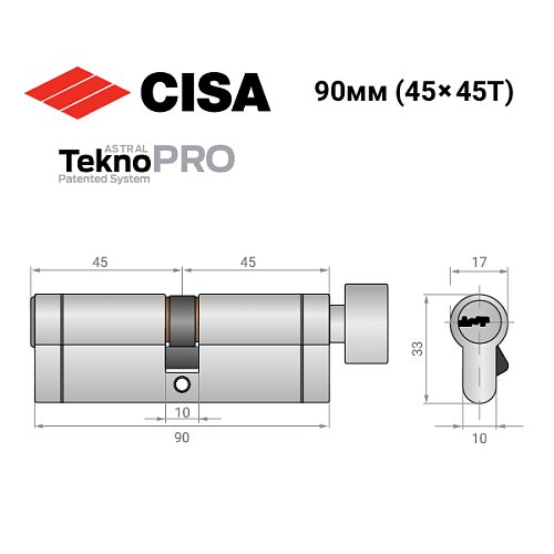 Цилиндр CISA Astral Tekno PRO 90T (45*45T) никель матовый 5 ключей - Фото №13