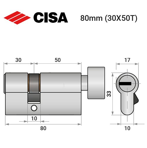 Цилиндр CISA ASIX P8 80T (30*50T) никель матовый 3 ключа - Фото №9