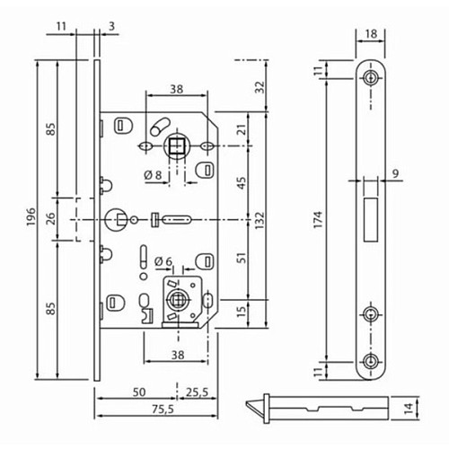 Механізм замка SIBA MLK-04 (Polaris) Magnet (BS50*96мм) WC магніт.язичок SN матовий білий - Фото №5