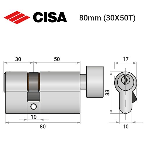 Цилиндр CISA C2000 80T (30*50T) никель матовый 5 ключей - Фото №10
