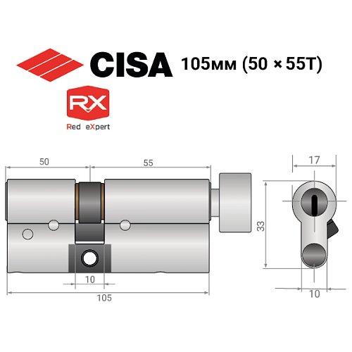 Цилиндр CISA RX (модульный) 105T (50*55T) никель матовый 3 ключа - Фото №14