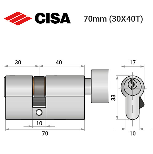 Циліндр CISA C2000 70T (30*40T) нікель матовий 3 ключі - Фото №10