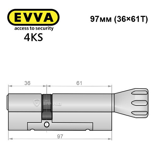 Циліндр EVVA 4KS 97T (36*61T) нікель сатин 5 ключів - Фото №6