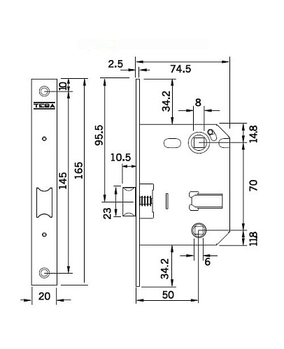 Механизм замка  TESA 134U WC (BS50*70мм) матовый хром - Фото №5