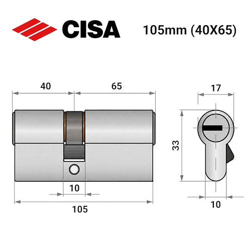 Цилиндр CISA ASIX P8 105 (40*65) никель матовый 3 ключа - Фото №9