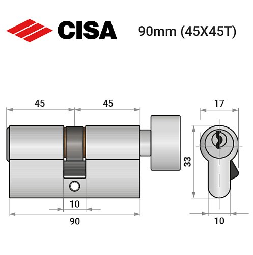 Цилиндр CISA C2000 90T (45*45T) никель матовый 3 ключа - Фото №10
