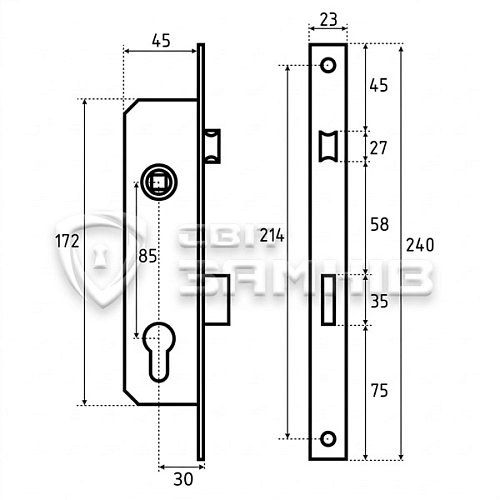 Механізм замка KALE 153 U-30 (23 mm) (BS30*85мм) хром - Фото №2