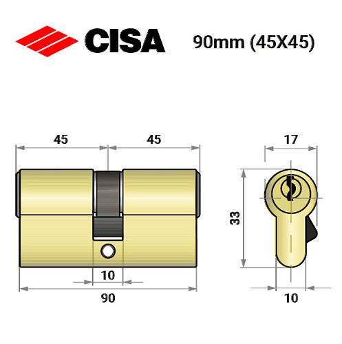 Цилиндр CISA LL 08010 90 (45*45) латунь матовая - Фото №8