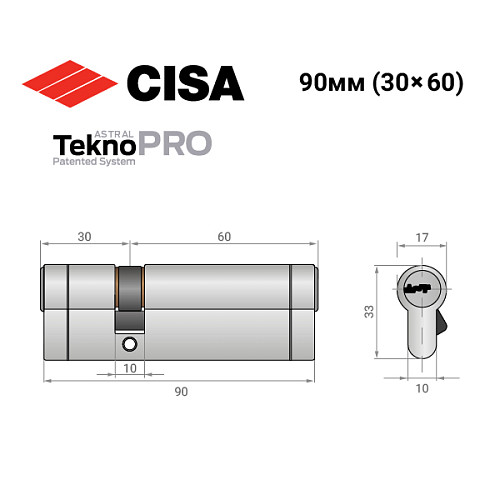 Циліндр CISA Astral Tekno PRO 90 (30*60) нікель матовий - Фото №9
