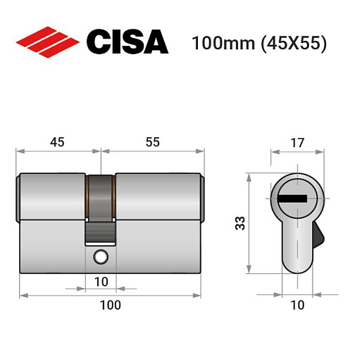 Цилиндр CISA ASIX P8 100 (45*55) никель матовый 3 ключа - Фото №9