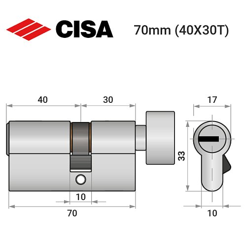 Циліндр CISA ASIX P8 70T (40*30T) нікель матовий 3 ключі - Фото №9