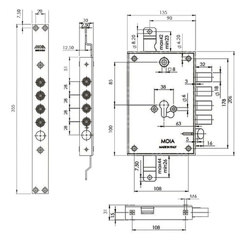 Механізм замка MOIA 764/280DFB (BS63*85мм) редукторний з блокуванням - Фото №4