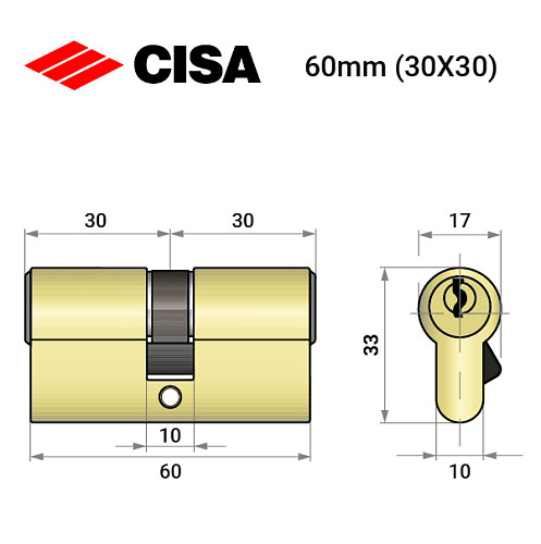 Цилиндр CISA LL 08010 60 (30*30) латунь матовая - Фото №8