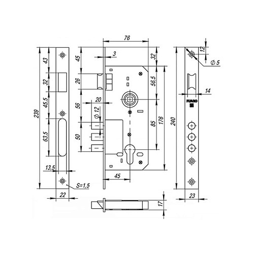 Механізм замка FUARO 900 3MR/CP W/B (BS45*85мм) латунь - Фото №2