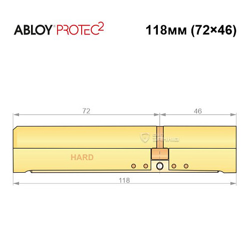 Циліндр ABLOY Protec2 118 (72H*46) (H - гартована сторона) латунь полірована - Фото №6
